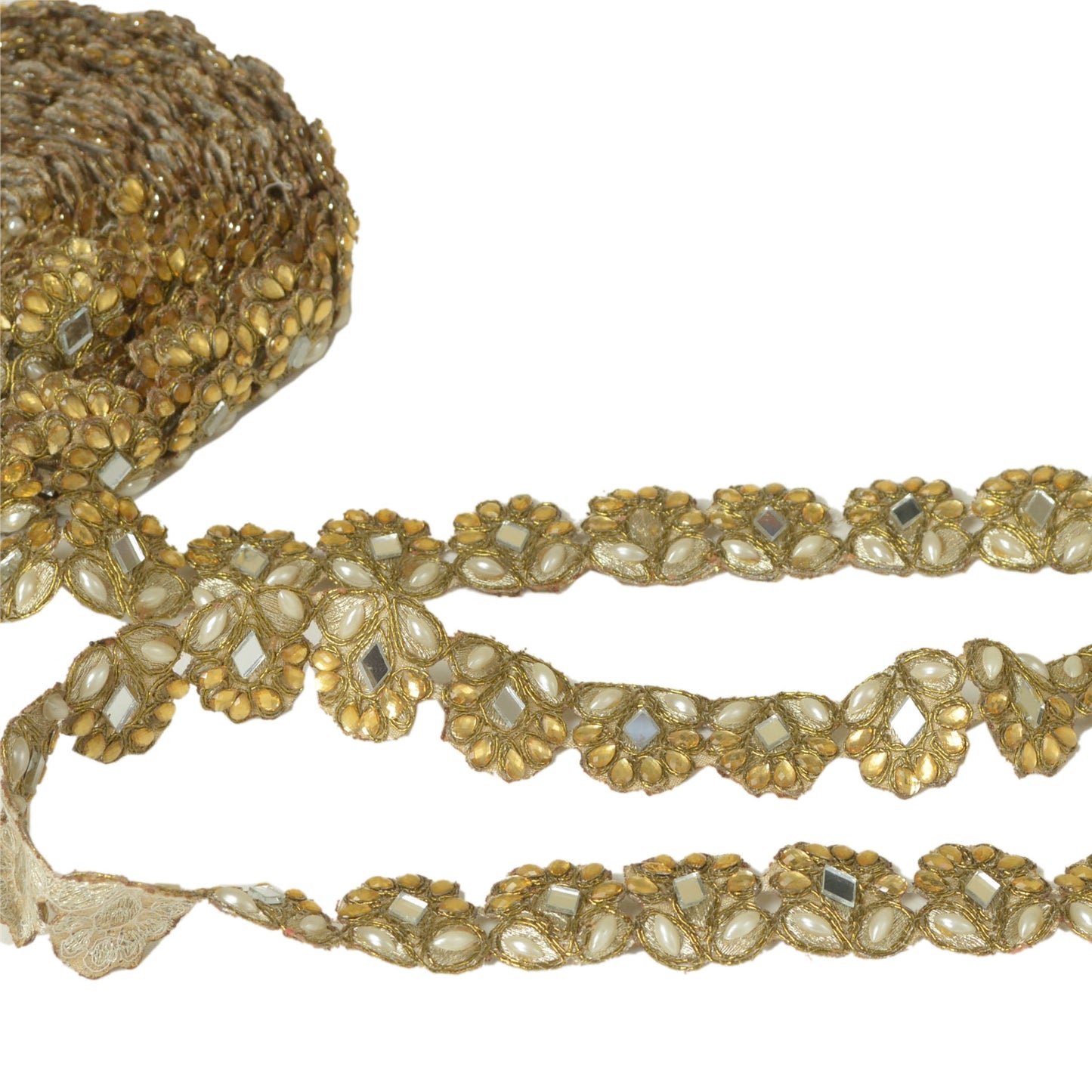 Sanskriti Hand Beaded Bridal Dress Border 1 YD Trim Ribbon Golden Sewing Lace