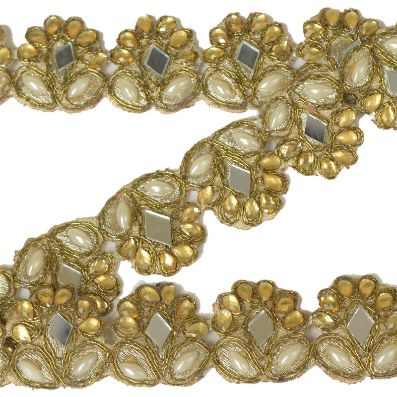 Sanskriti New Hand Beaded Sari Border: Golden Bridal Dress Trim, Sewing Lace - 1 Yard by upholstery fabric