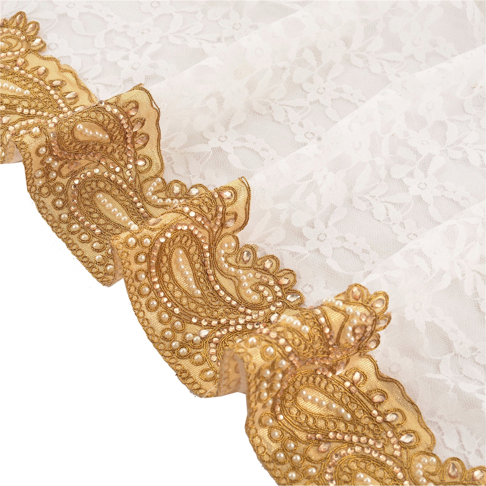 Sanskriti Håndperle Gallakjole Kant 1YD Trim Gylden Håndværk Syning Blonde Paisley