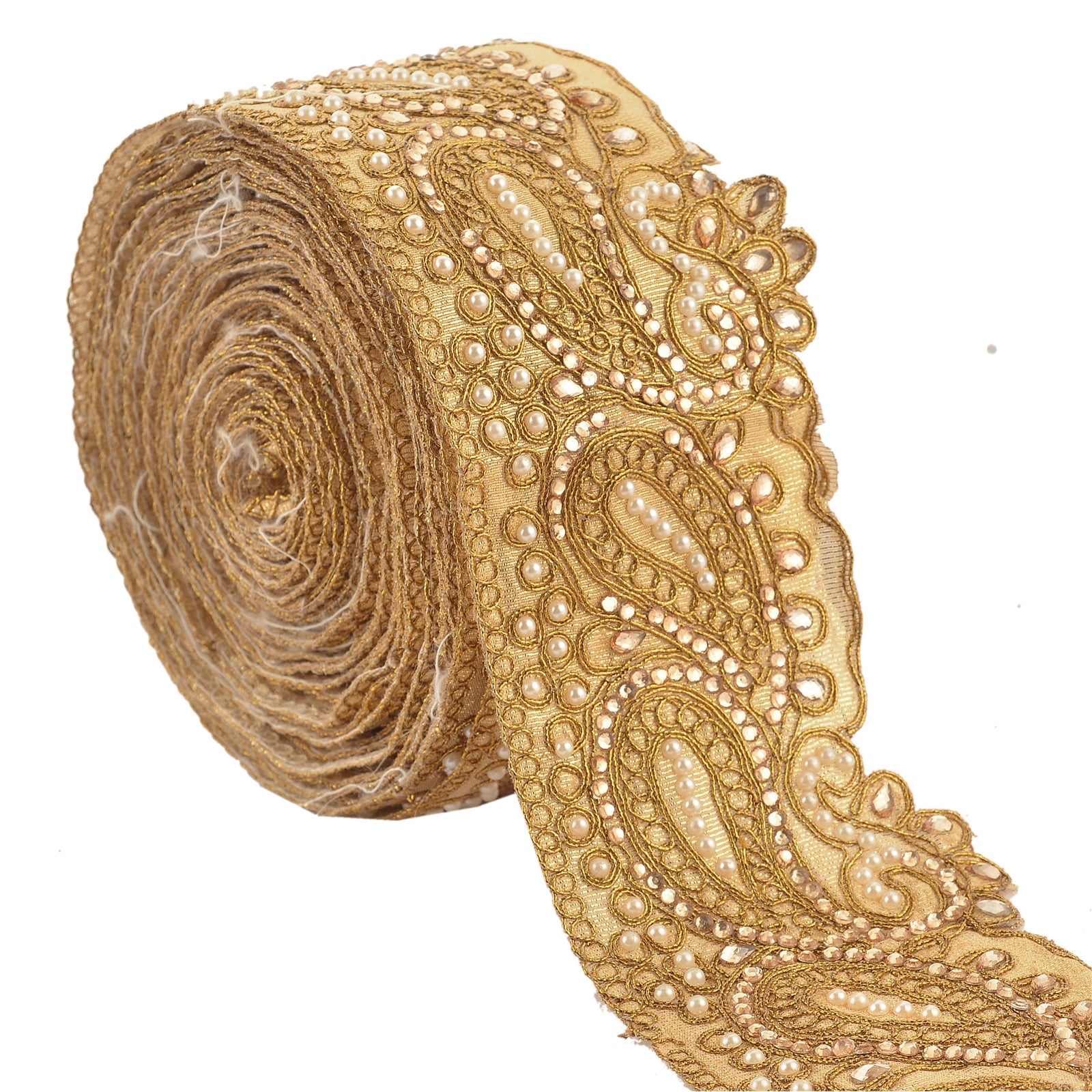 Sanskriti Håndperle Gallakjole Kant 1YD Trim Gylden Håndværk Syning Blonde Paisley