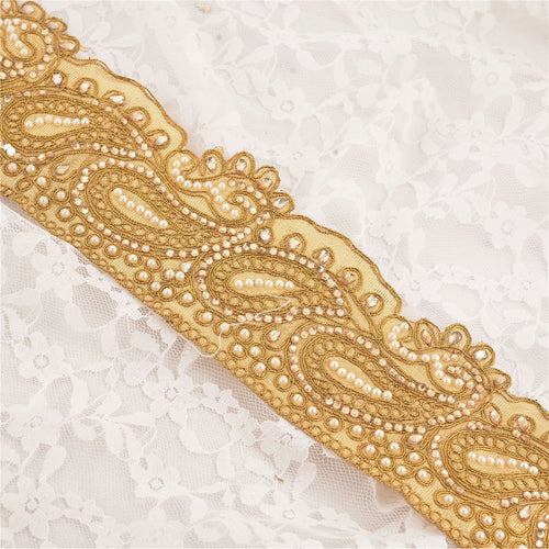 Sanskriti Hand Bead Prom Dress Border 1YD Trim Golden Craft Sewing Lace Paisley