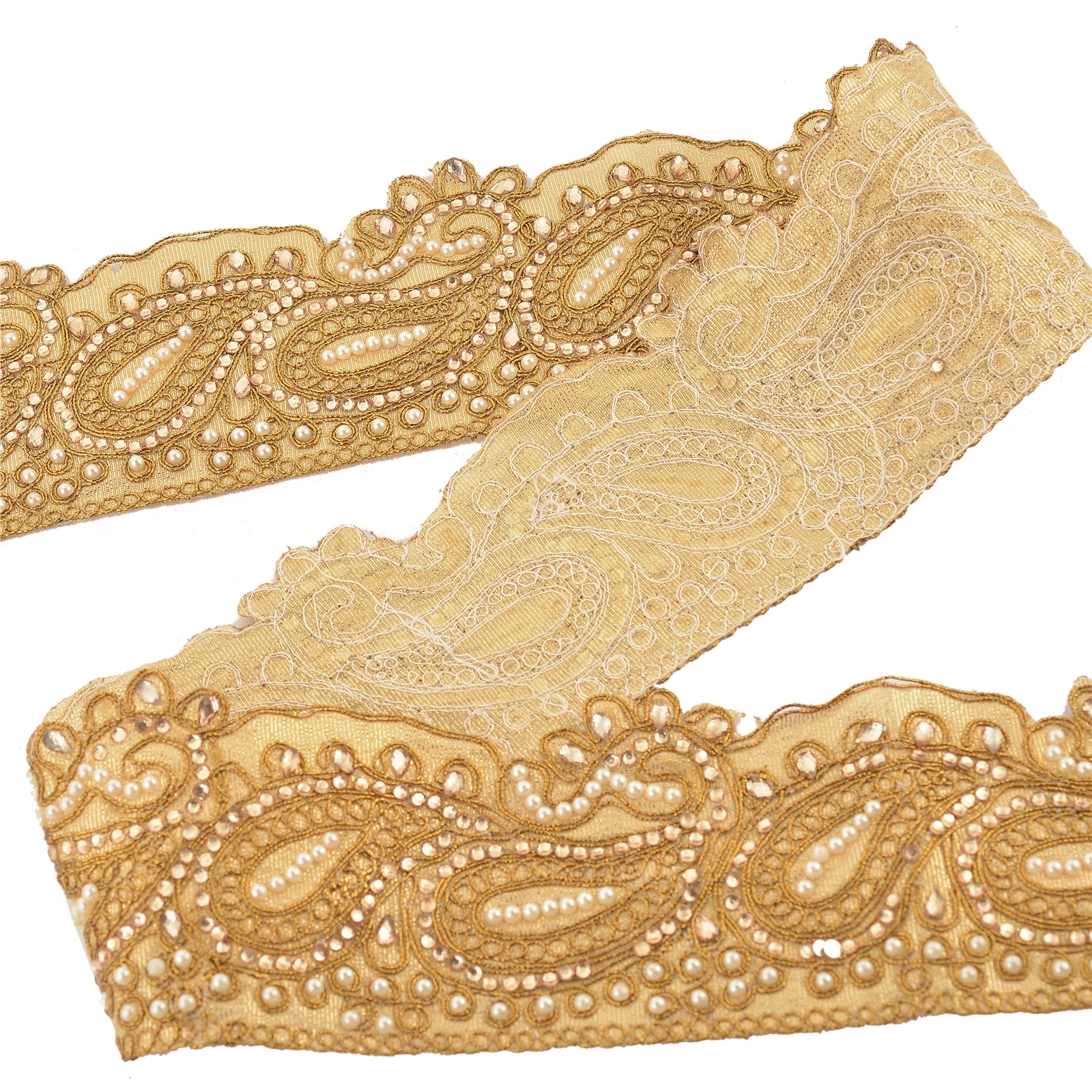 Sanskriti Håndperle Gallakjole Kant 1YD Trim Gylden Håndværk Syning Blonde Paisley