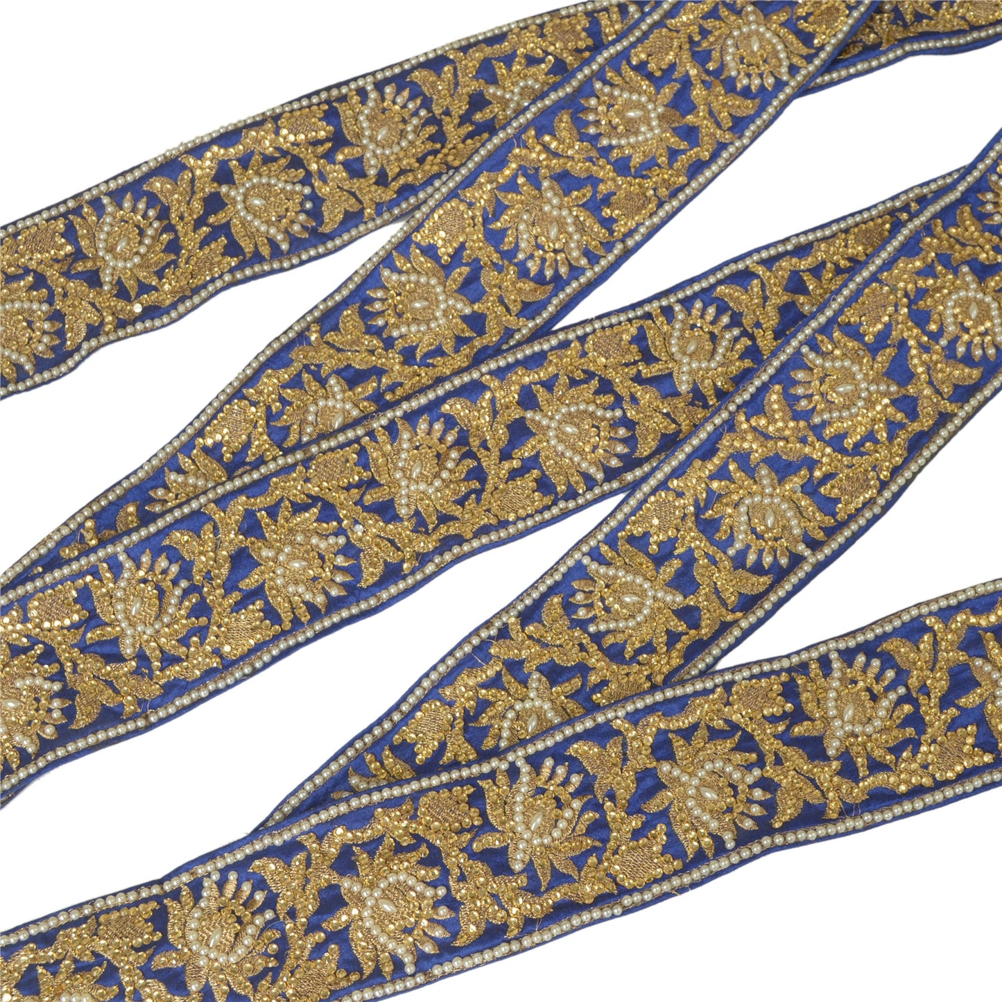 Sanskriti Hand Beaded Party Prom Dress Border 1YD Trim Blue Craft Lace Mirrors