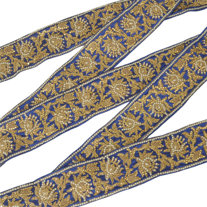 Sanskriti Hand Beaded Party Prom Dress Border 1YD Trim Blue Craft Lace Mirrors