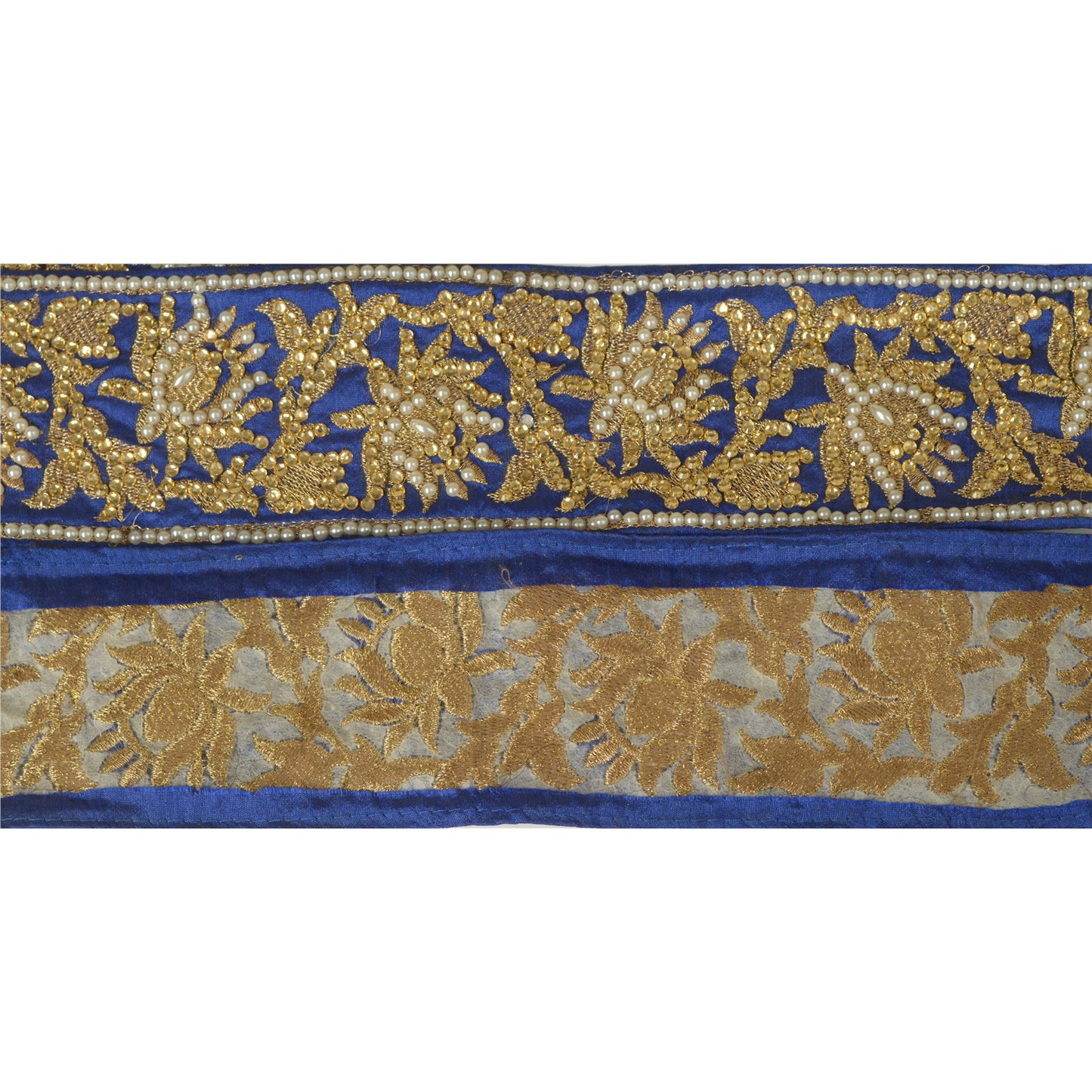 Sanskriti Hand Beaded Party Prom Dress Border 1YD Trim Blue Craft Lace Mirrors