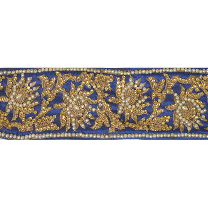 Sanskriti Hand Beaded Party Prom Dress Border 1YD Trim Blue Craft Lace Mirrors