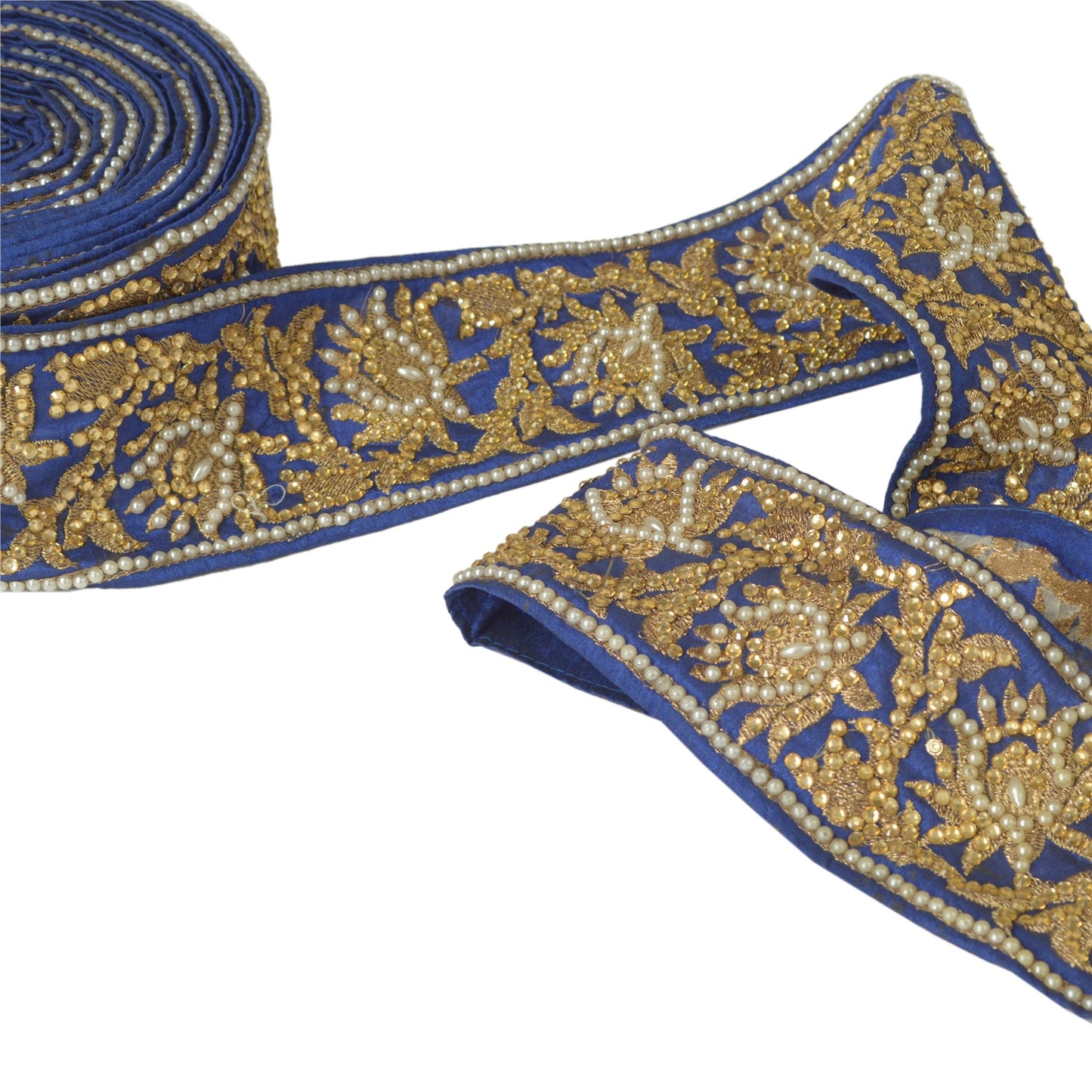 Sanskriti Hand Beaded Party Prom Dress Border 1YD Trim Blue Craft Lace Mirrors