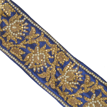 Sanskriti Hand Beaded Party Prom Dress Border 1YD Trim Blue Craft Lace Mirrors