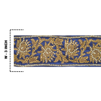 Sanskriti Hand Beaded Party Prom Dress Border 1YD Trim Blue Craft Lace Mirrors