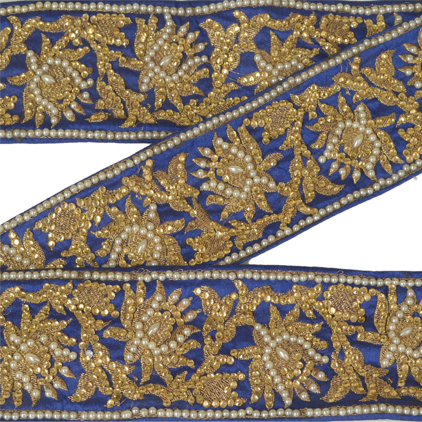 Sanskriti Hand Beaded Party Prom Dress Border 1YD Trim Blue Craft Lace Mirrors