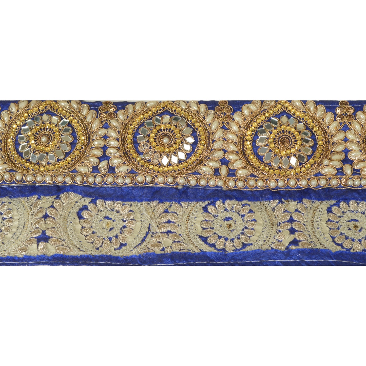 Sanskriti Hand Beaded Party Prom Dress Border 1YD Trim Blue Craft Lace Mirrors