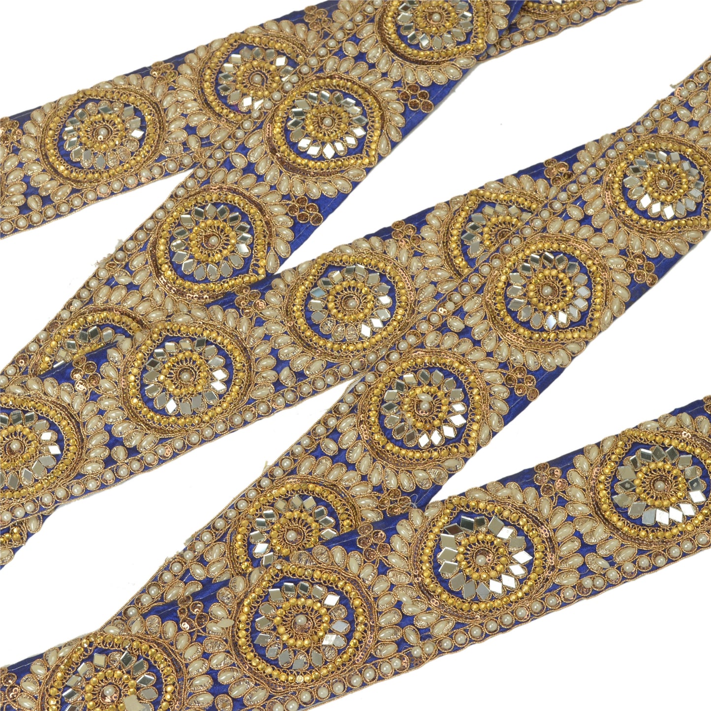 Sanskriti Hand Beaded Party Prom Dress Border 1YD Trim Blue Craft Lace Mirrors