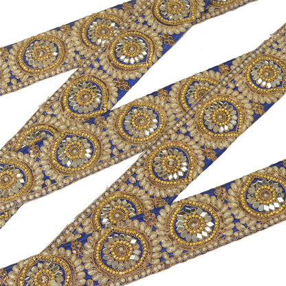 Sanskriti Hand Beaded Party Prom Dress Border 1YD Trim Blue Craft Lace Mirrors