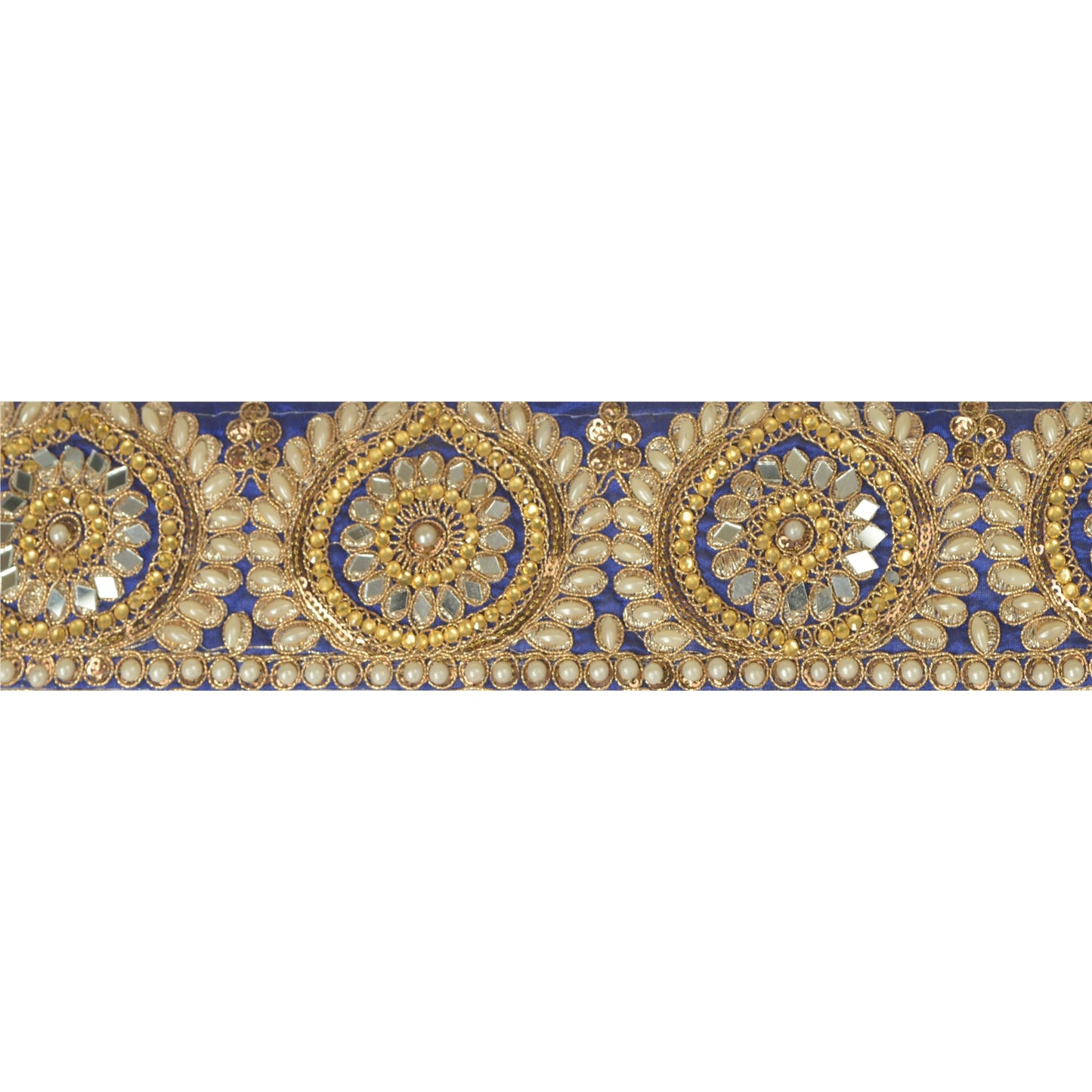 Sanskriti Hand Beaded Party Prom Dress Border 1YD Trim Blue Craft Lace Mirrors