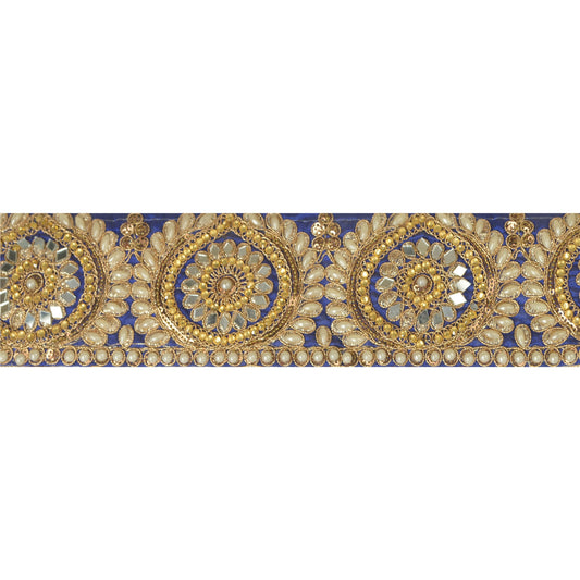 Sanskriti Hand Beaded Party Prom Dress Border 1YD Trim Blue Craft Lace Mirrors