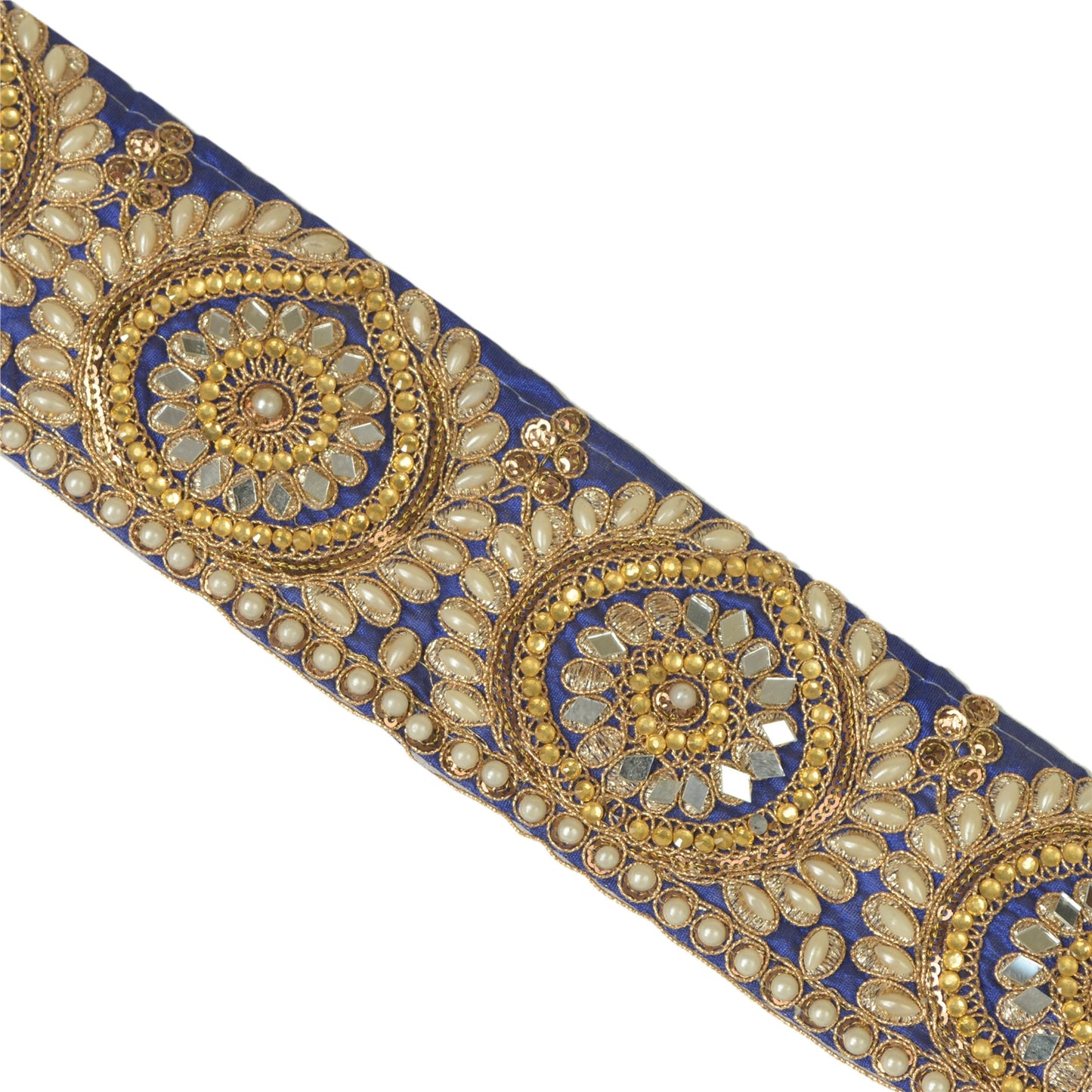 Sanskriti Hand Beaded Party Prom Dress Border 1YD Trim Blue Craft Lace Mirrors