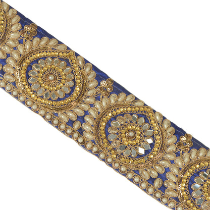 Sanskriti Hand Beaded Party Prom Dress Border 1YD Trim Blue Craft Lace Mirrors