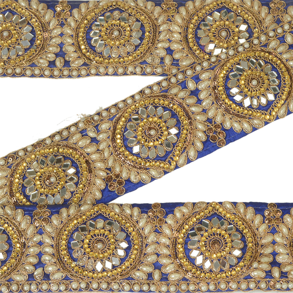 Sanskriti Hand Beaded Party Prom Dress Border 1YD Trim Blue Craft Lace Mirrors