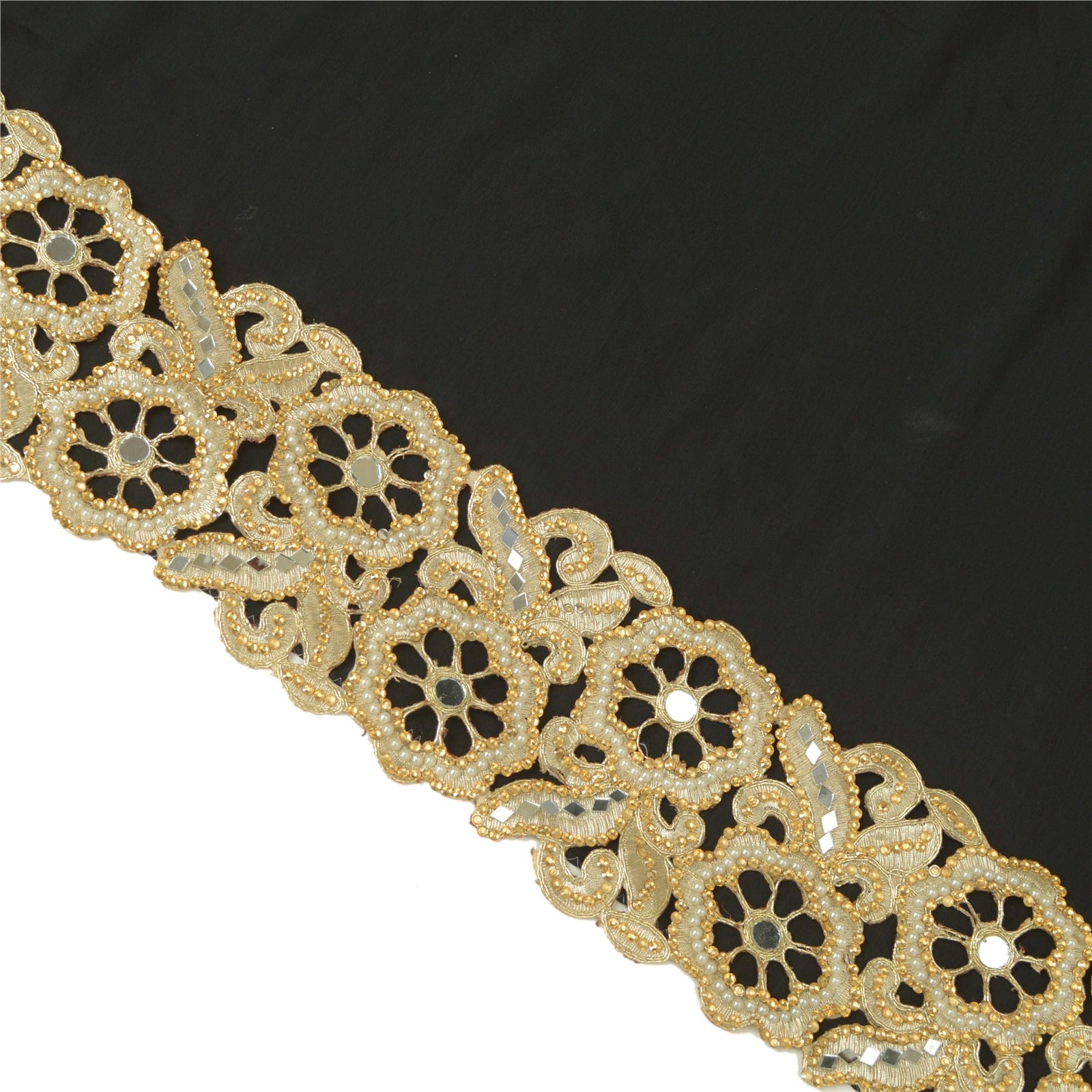 Sanskriti håndperlet brudekant 1 YD Trim gylden kant håndlavet blonde spejle