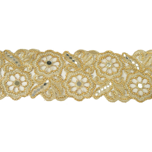 Sanskriti Hand Beaded Bridal Border 1 YD Trim Golden Border Craft Lace Mirrors