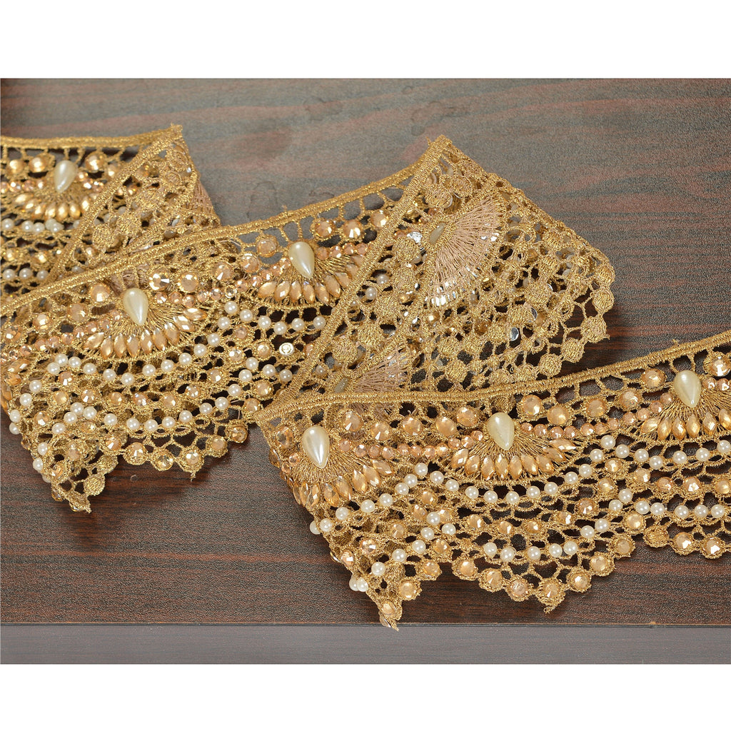 Hand Beaded Bridal Border 1 YD Trim Golden Craft Lace Pearl Beads Rhinestones