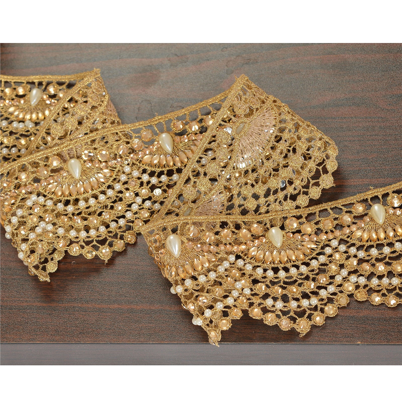 Hand Beaded Bridal Border 1 YD Trim Golden Craft Lace Pearl Beads Rhinestones