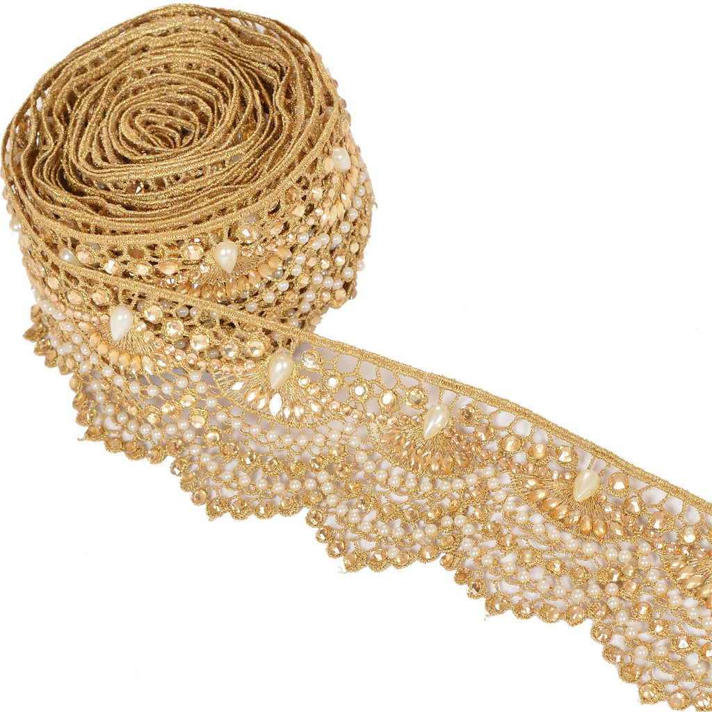 Hand Beaded Bridal Border 1 YD Trim Golden Craft Lace Pearl Beads Rhinestones