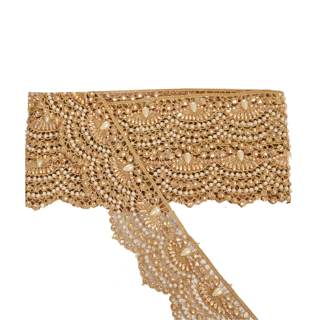 Hand Beaded Bridal Border 1 YD Trim Golden Craft Lace Pearl Beads Rhinestones
