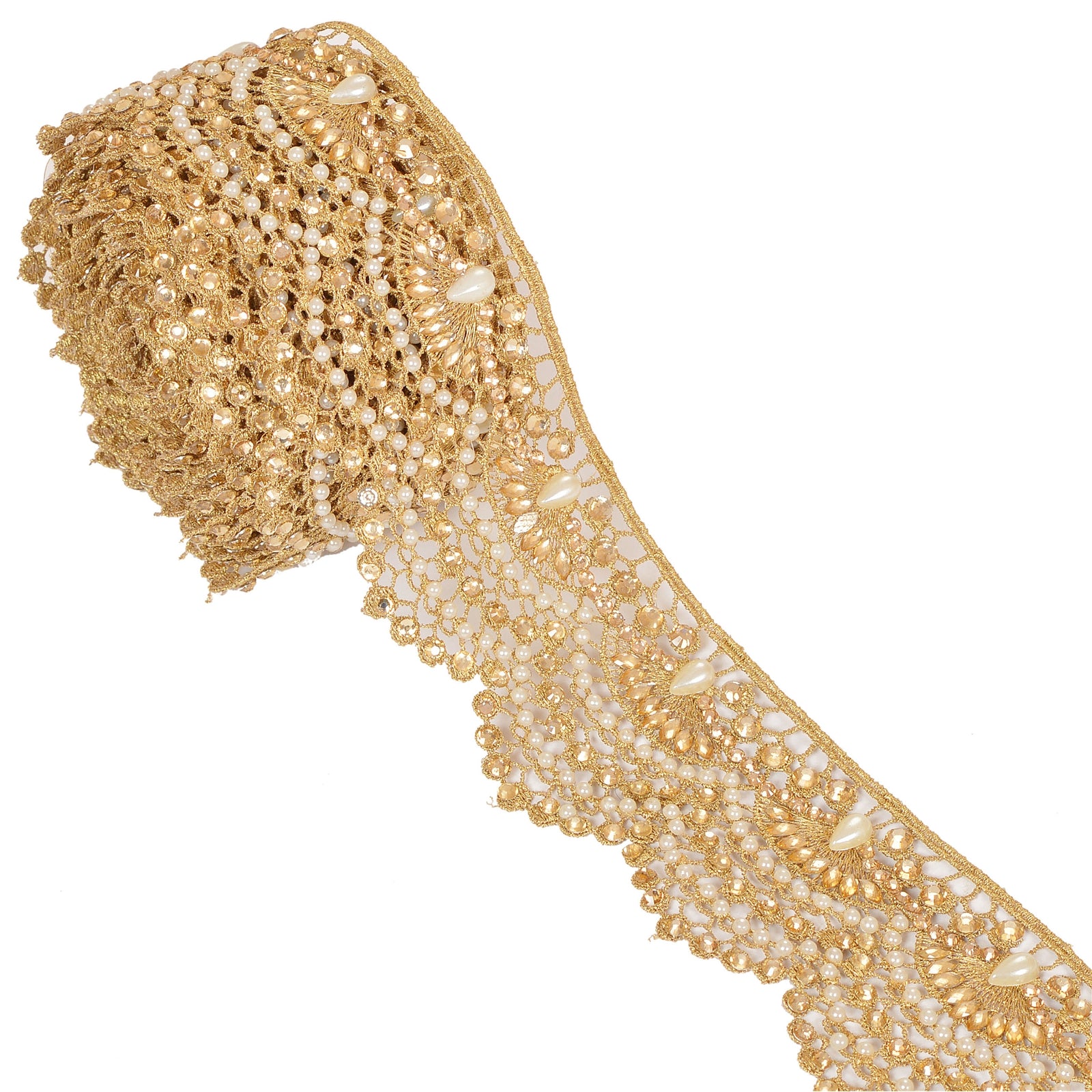 Hand Beaded Bridal Border 1 YD Trim Golden Craft Lace Pearl Beads Rhinestones