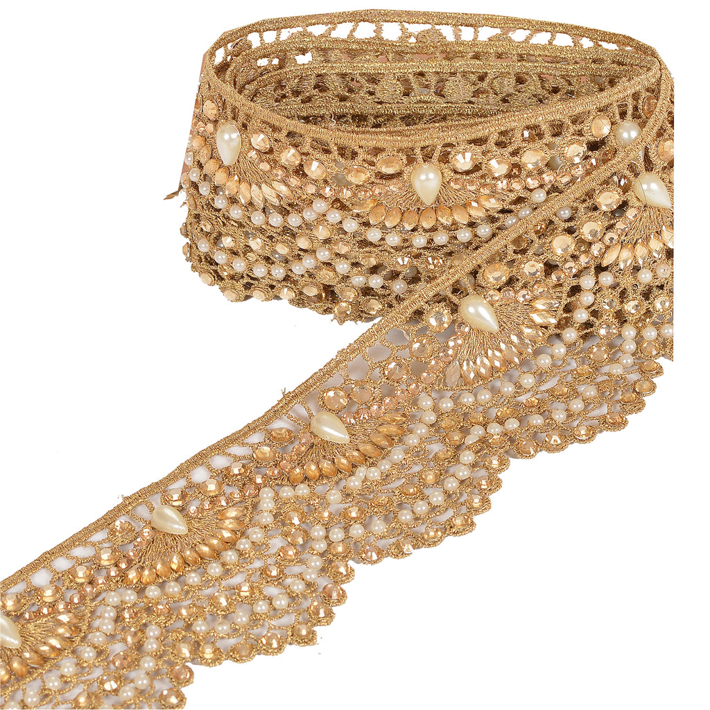 Hand Beaded Bridal Border 1 YD Trim Golden Craft Lace Pearl Beads Rhinestones