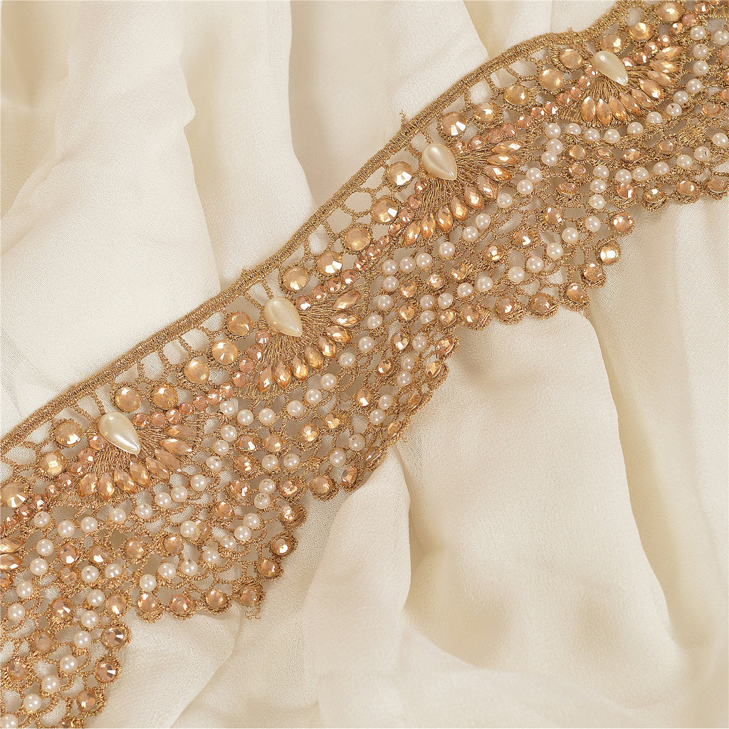 Hand Beaded Bridal Border 1 YD Trim Golden Craft Lace Pearl Beads Rhinestones