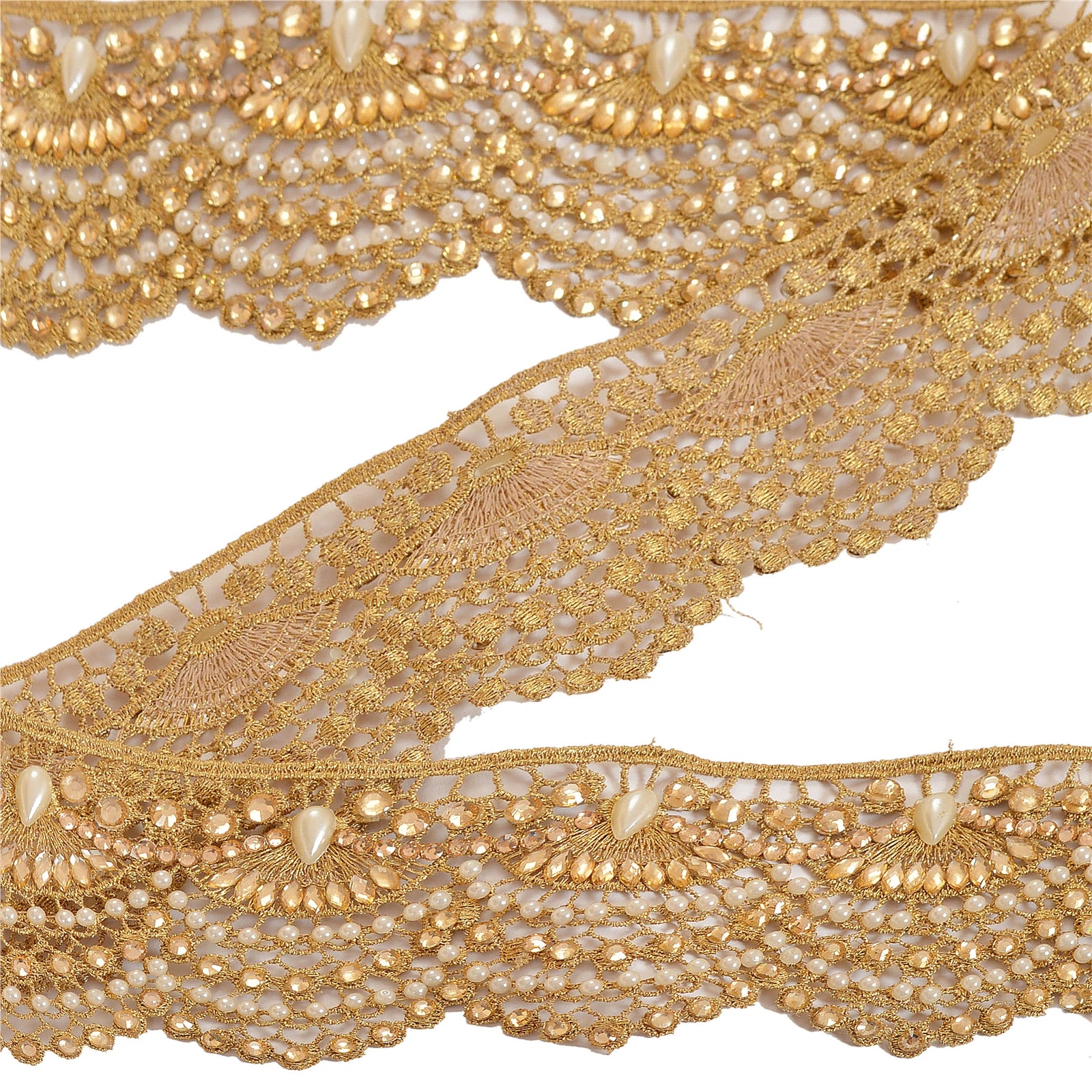 Hand Beaded Bridal Border 1 YD Trim Golden Craft Lace Pearl Beads Rhinestones
