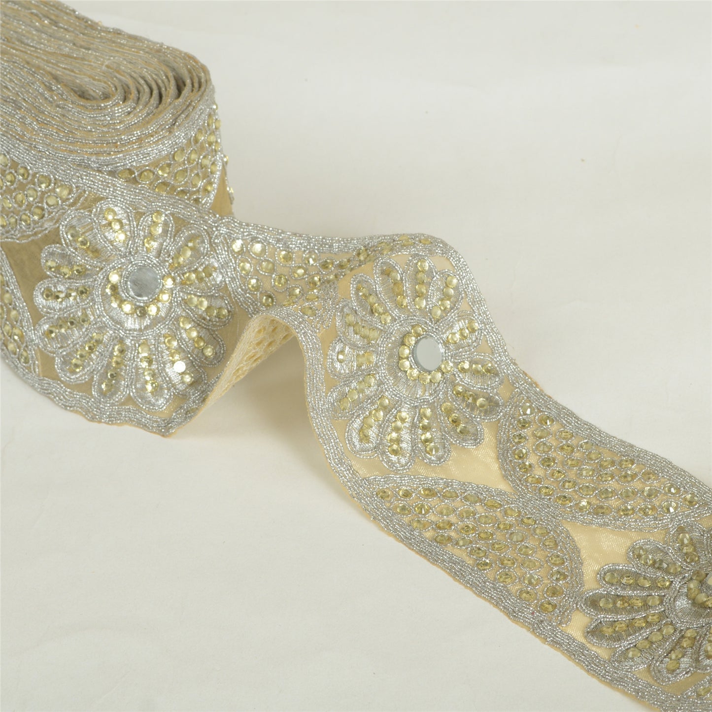 Sanskriti Indian Hand Beaded Dress Border 1 YD Trim Ribbon Golden Craft Lace