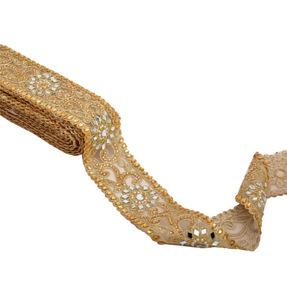 Sanskriti Hand Beaded Bridal Dress Border 1 Yard Trim Ribbon Golden Craft Lace