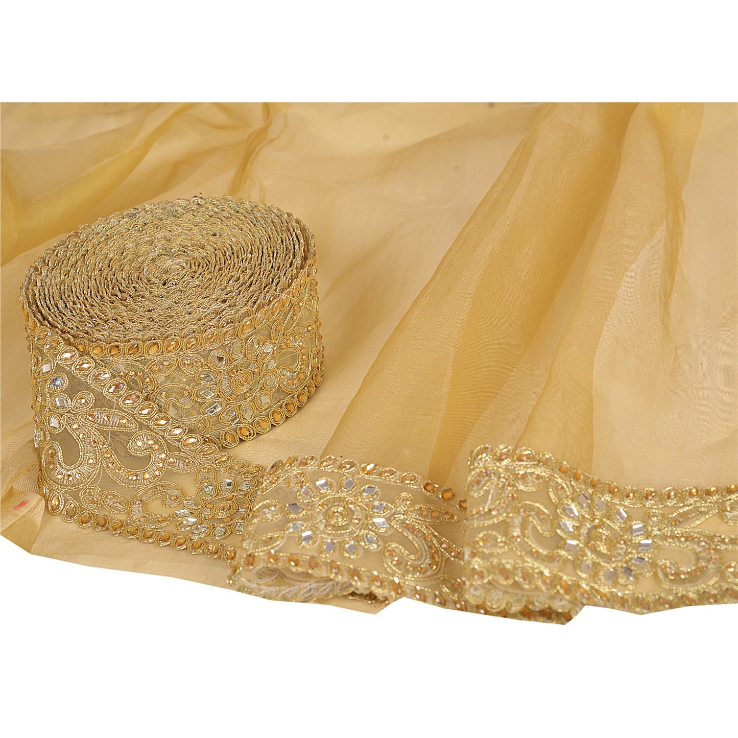 Sanskriti Hand Beaded Bridal Dress Border 1 Yard Trim Ribbon Golden Craft Lace