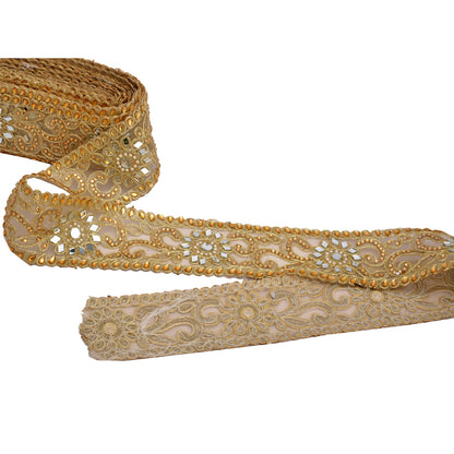 Sanskriti Hand Beaded Bridal Dress Border 1 Yard Trim Ribbon Golden Craft Lace