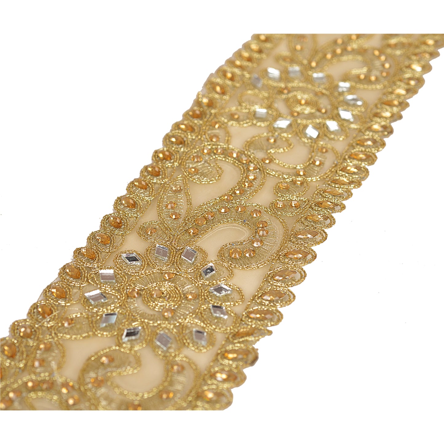 Sanskriti Hand Beaded Bridal Dress Border 1 Yard Trim Ribbon Golden Craft Lace