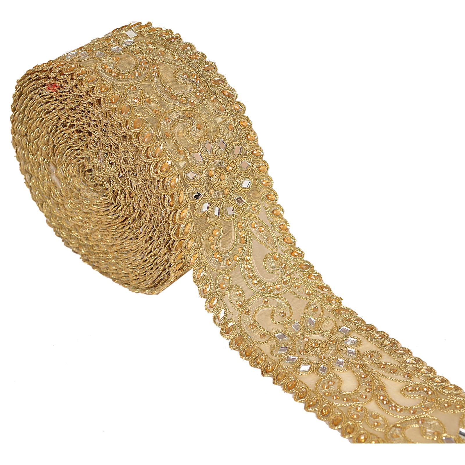 Sanskriti Hand Beaded Bridal Dress Border 1 Yard Trim Ribbon Golden Craft Lace