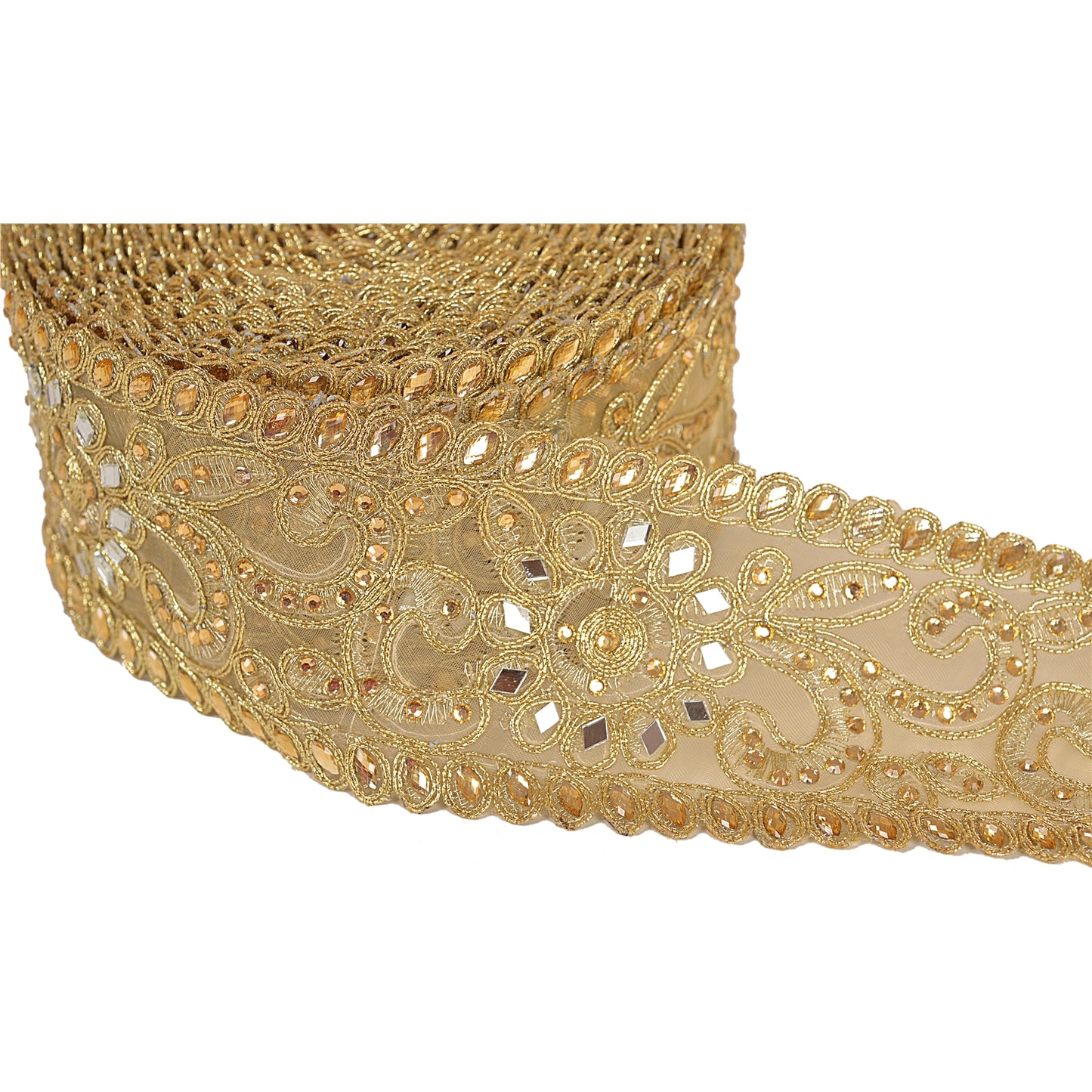 Sanskriti Hand Beaded Bridal Dress Border 1 Yard Trim Ribbon Golden Craft Lace