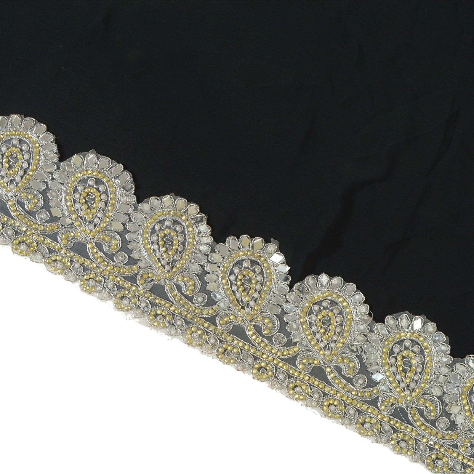 Sanskriti Hand Beaded Bridal Dress Border 1YD Trim Silver Craft Lace Mirrors