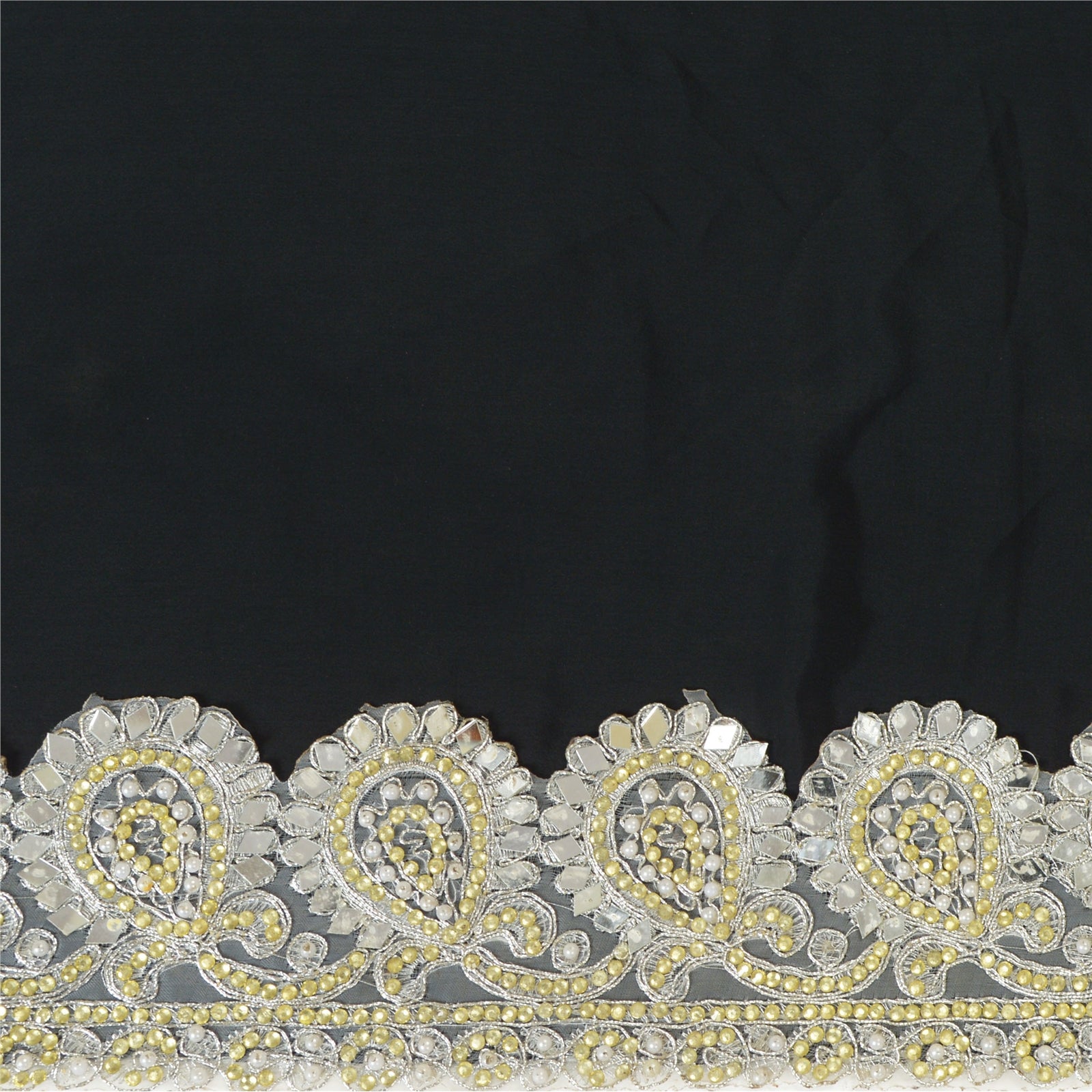 Sanskriti Hand Beaded Bridal Dress Border 1YD Trim Silver Craft Lace Mirrors