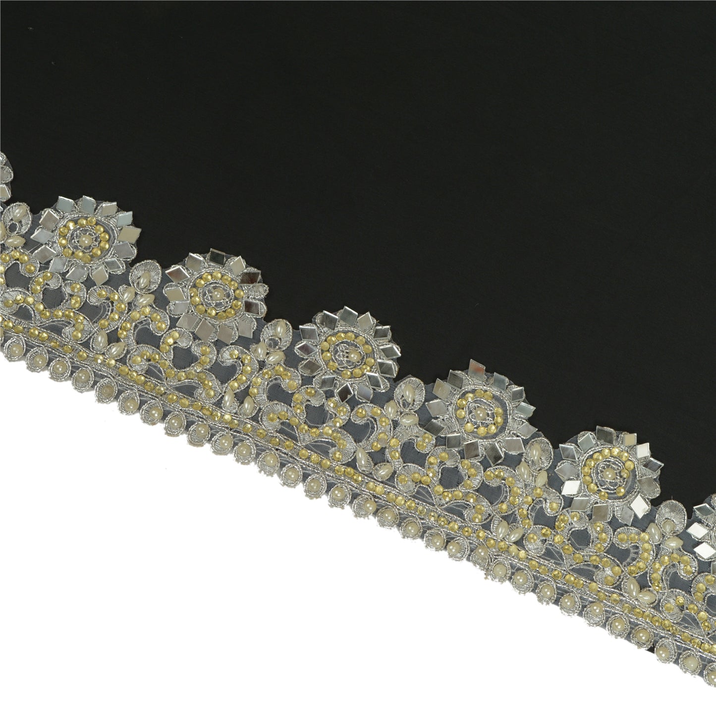 Sanskriti Hand Beaded Bridal Dress Border 1YD Trim Ribbon Craft Lace Silver