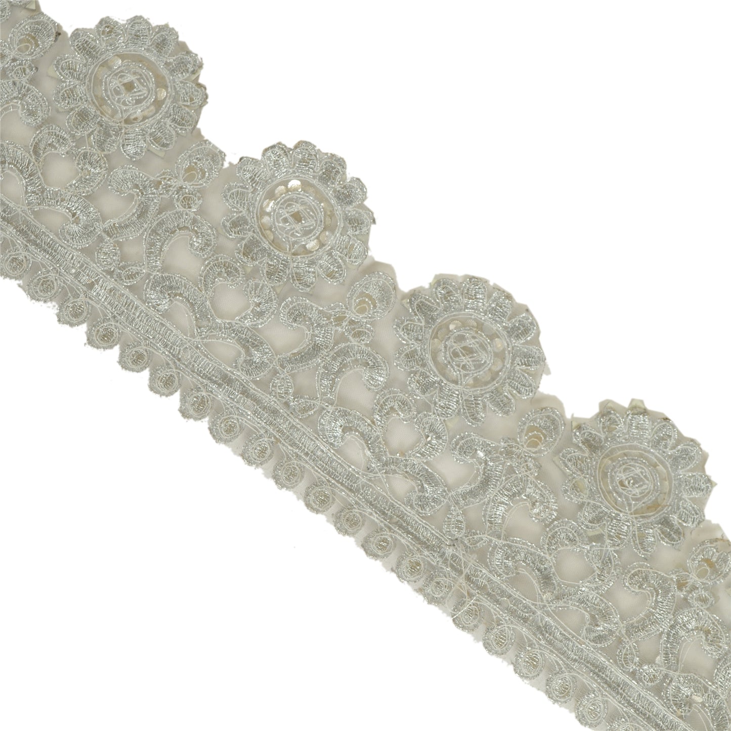 Sanskriti Hand Beaded Bridal Dress Border 1YD Trim Ribbon Craft Lace Silver