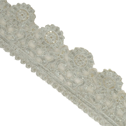Sanskriti Hand Beaded Bridal Dress Border 1YD Trim Ribbon Craft Lace Silver