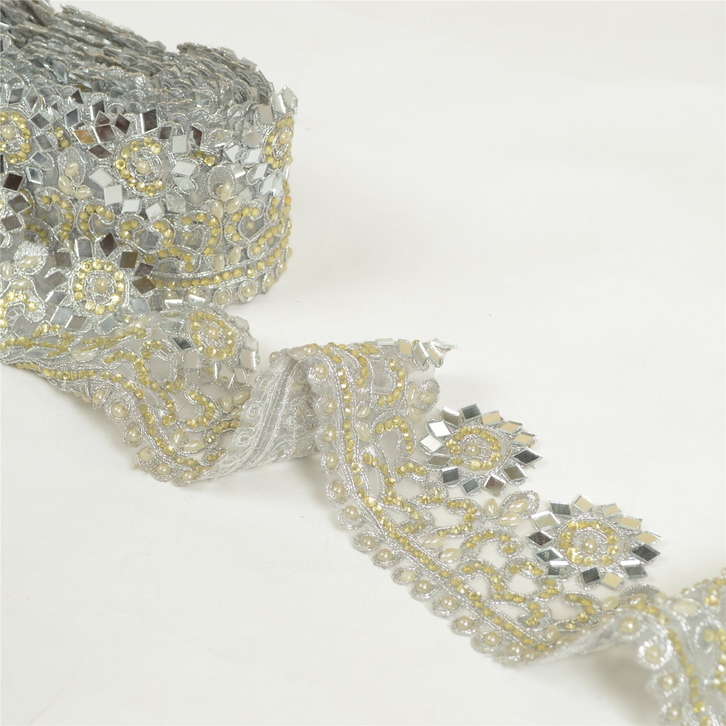 Sanskriti Hand Beaded Bridal Dress Border 1YD Trim Ribbon Craft Lace Silver