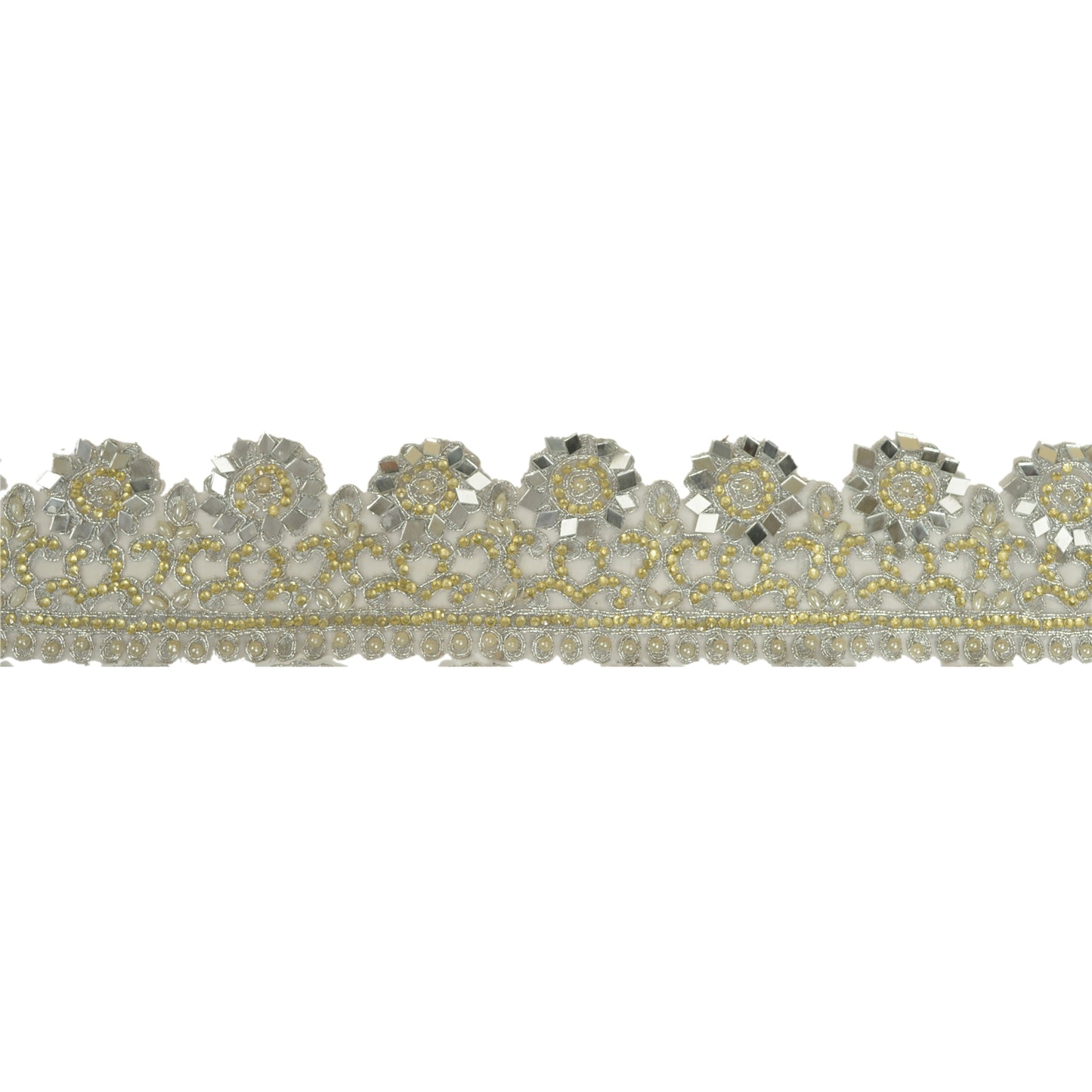 Sanskriti Hand Beaded Bridal Dress Border 1YD Trim Ribbon Craft Lace Silver