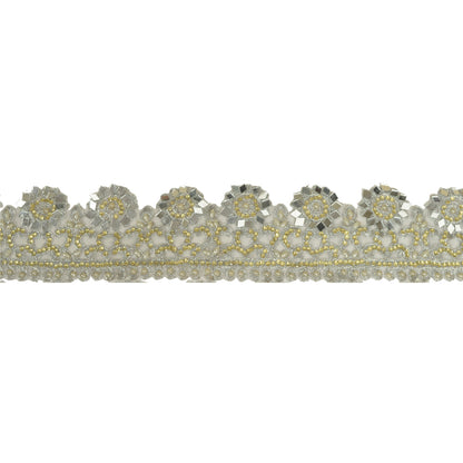 Sanskriti Hand Beaded Bridal Dress Border 1YD Trim Ribbon Craft Lace Silver