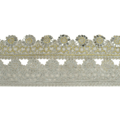 Sanskriti Hand Beaded Bridal Dress Border 1YD Trim Ribbon Craft Lace Silver