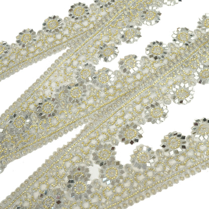 Sanskriti Hand Beaded Bridal Dress Border 1YD Trim Ribbon Craft Lace Silver