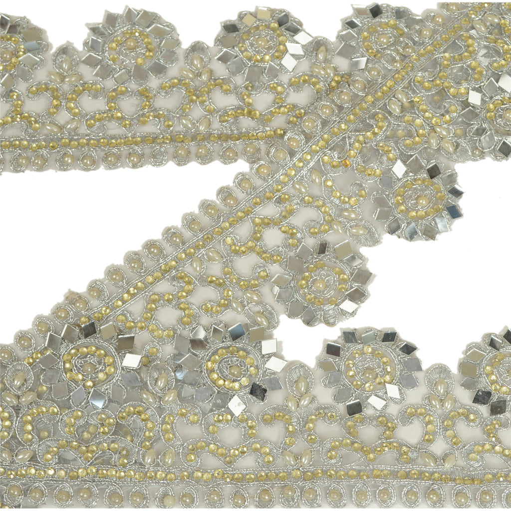 Sanskriti Hand Beaded Bridal Dress Border 1YD Trim Ribbon Craft Lace Silver